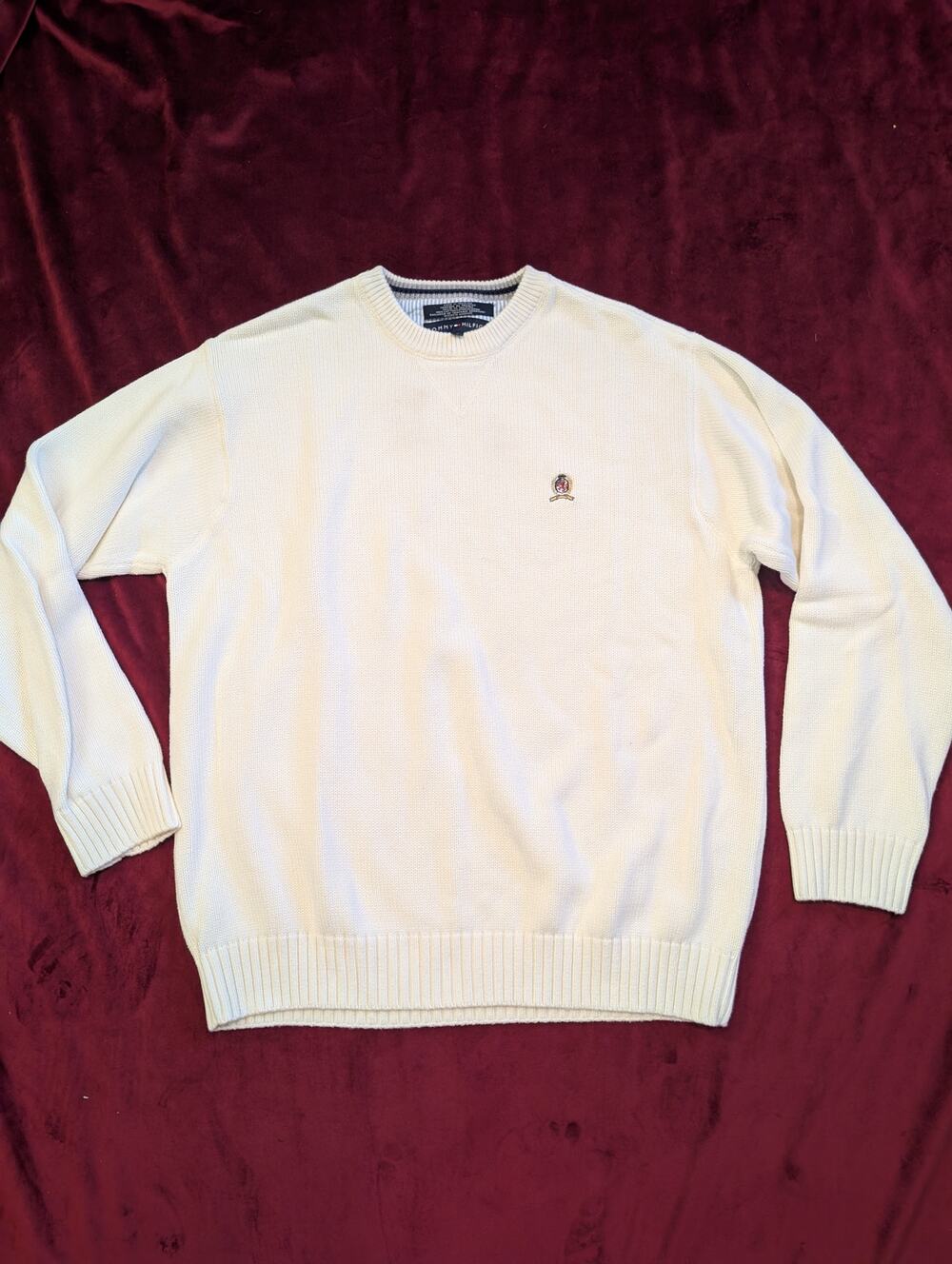 Vintage Tommy Hilfiger Cream Crewneck Sweater Embroidered Crest XL